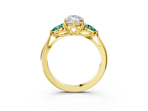 Yellow gold Marquise Cut Diamond Three-Stone Ring with Pear with Green Sapphire side stone Side Stones and Prong Setting_3
