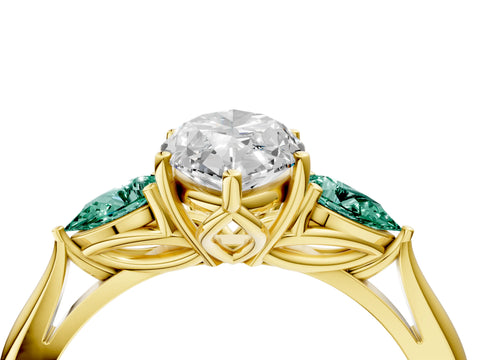 Yellow gold Marquise Cut Diamond Three-Stone Ring with Pear with Green Sapphire side stone Side Stones and Prong Setting_4