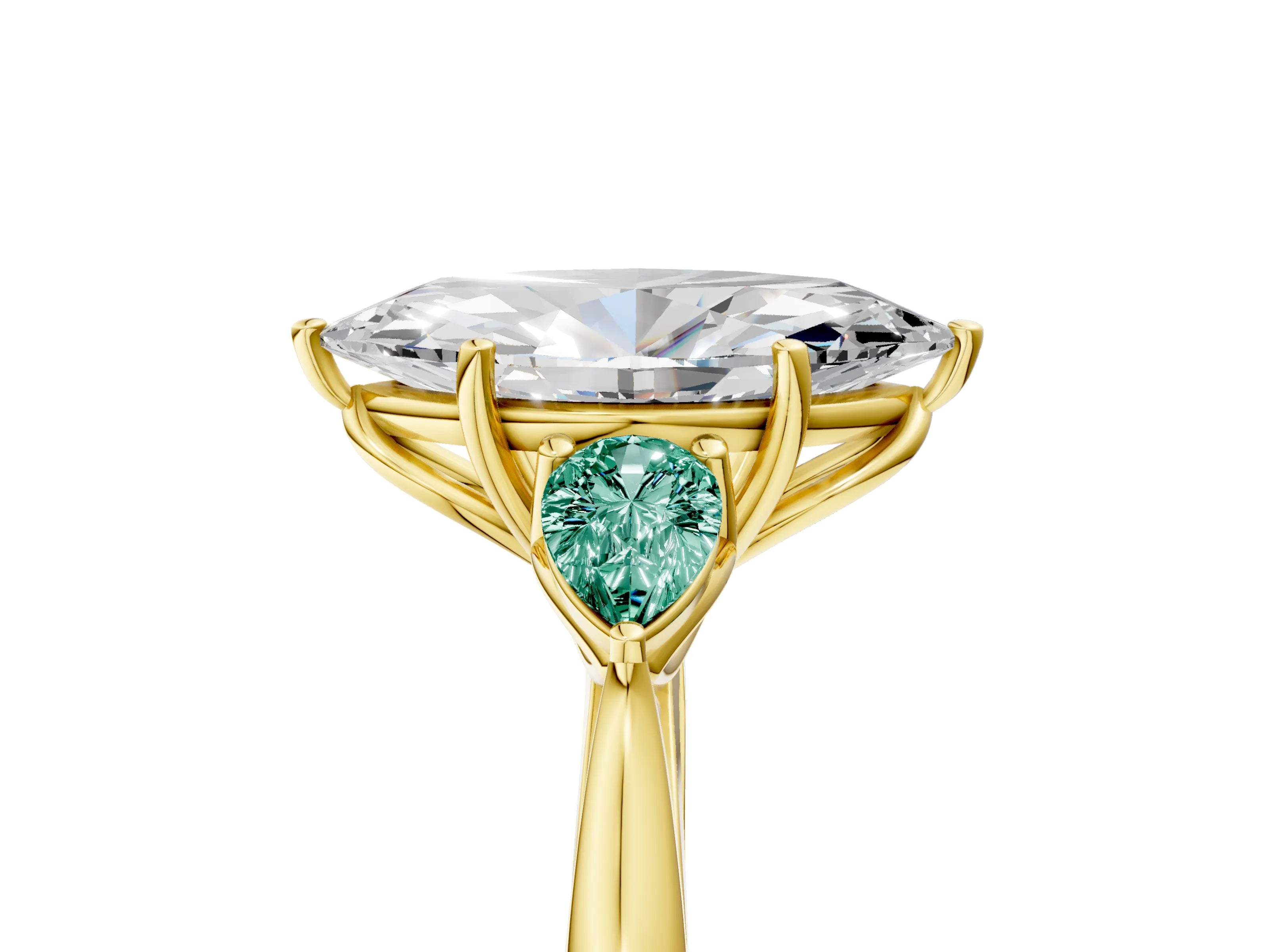 Yellow gold Marquise Cut Diamond Three-Stone Ring with Pear with Green Sapphire side stone Side Stones and Prong Setting_5