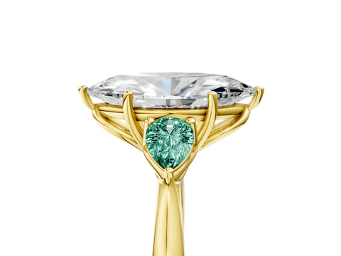 Yellow gold Marquise Cut Diamond Three-Stone Ring with Pear with Green Sapphire side stone Side Stones and Prong Setting_5