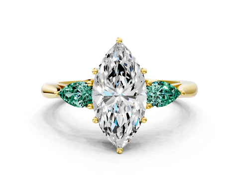 Yellow gold Marquise Cut Diamond Three-Stone Ring with Pear with Green Sapphire side stone Side Stones and Prong Setting