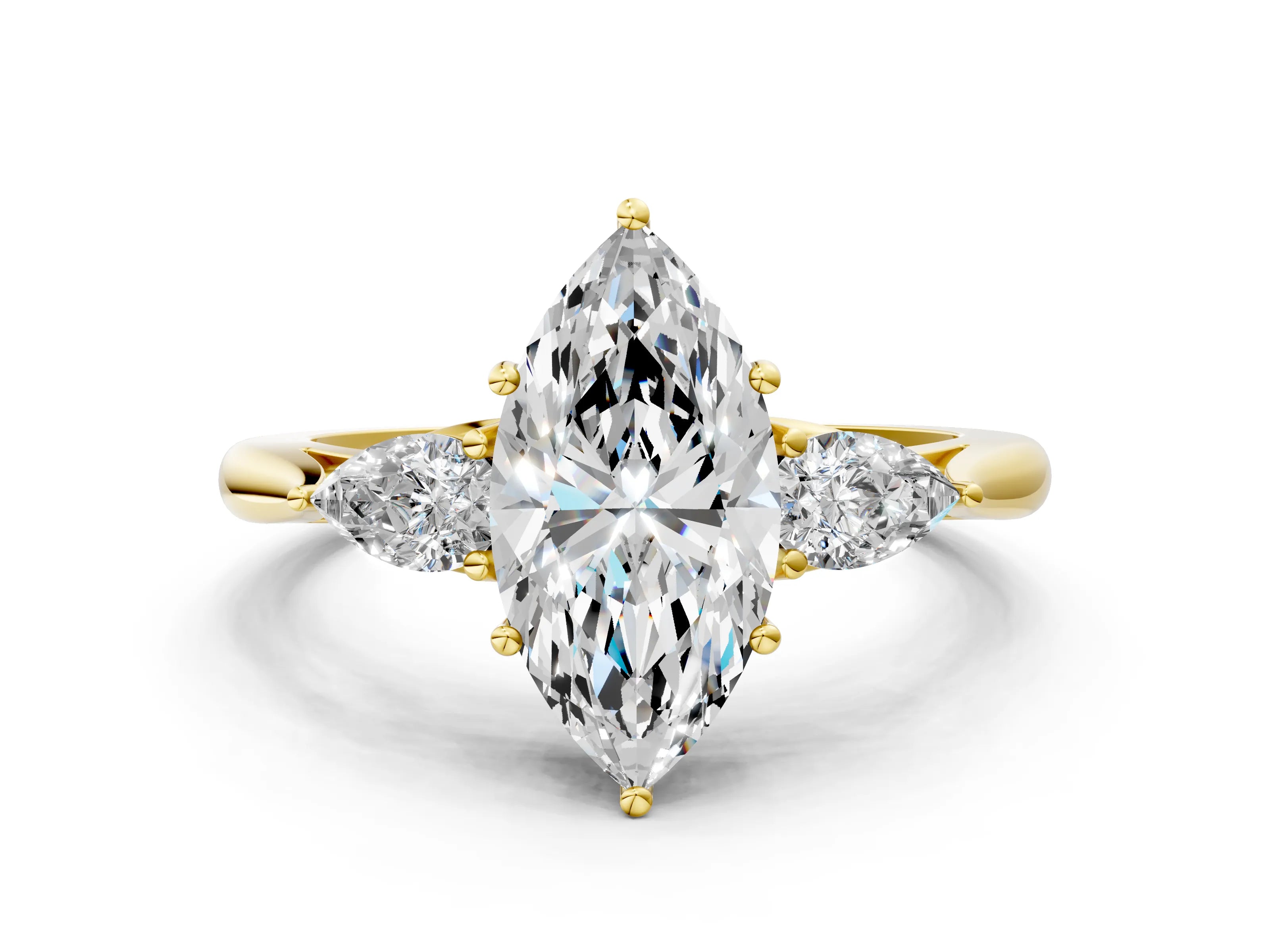 Yellow gold Marquise Cut Diamond Three-Stone Ring with Pear with Moissanite side stone Side Stones and Prong Setting