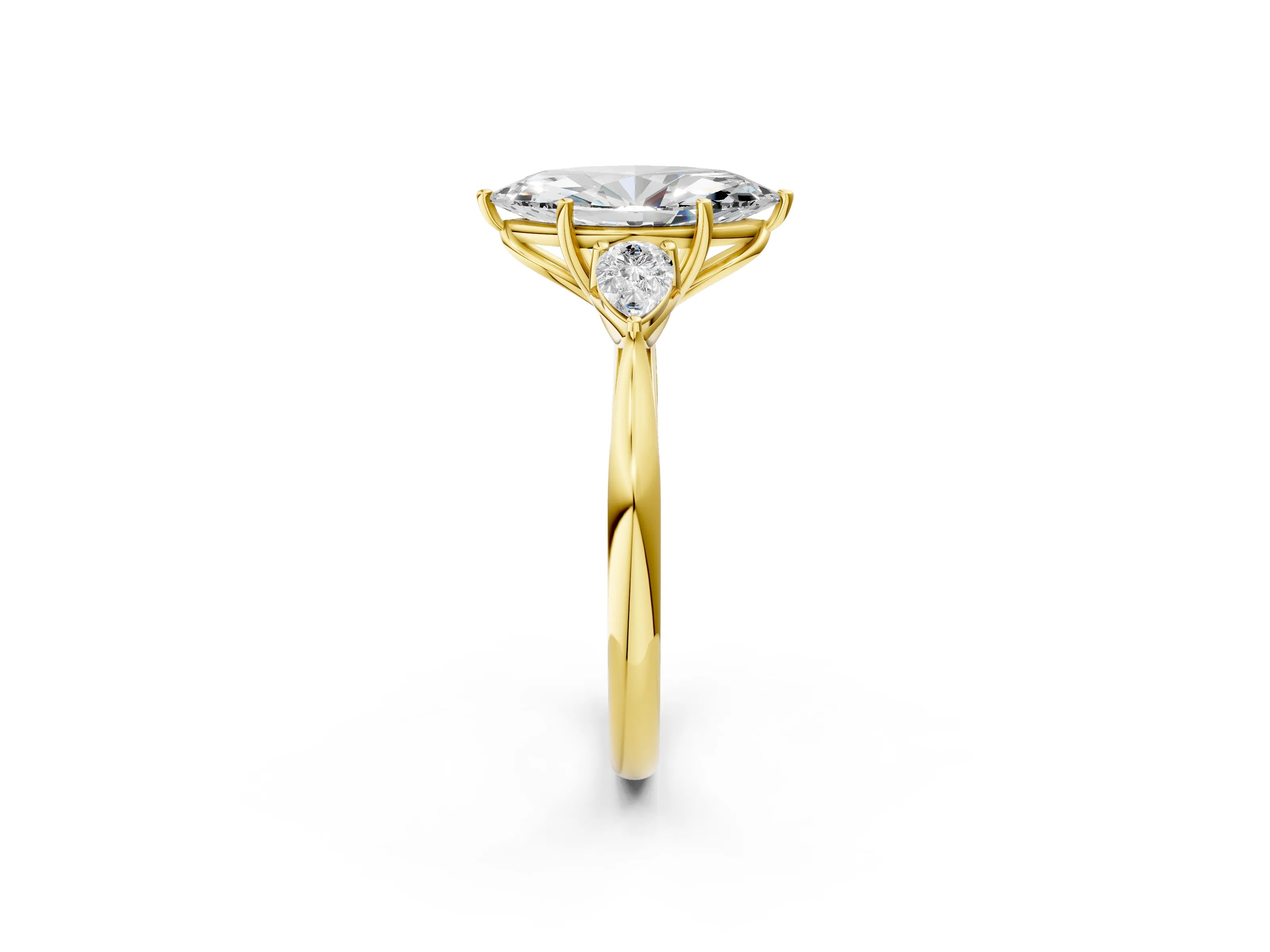 Yellow gold Marquise Cut Diamond Three-Stone Ring with Pear with Moissanite side stone Side Stones and Prong Setting_2