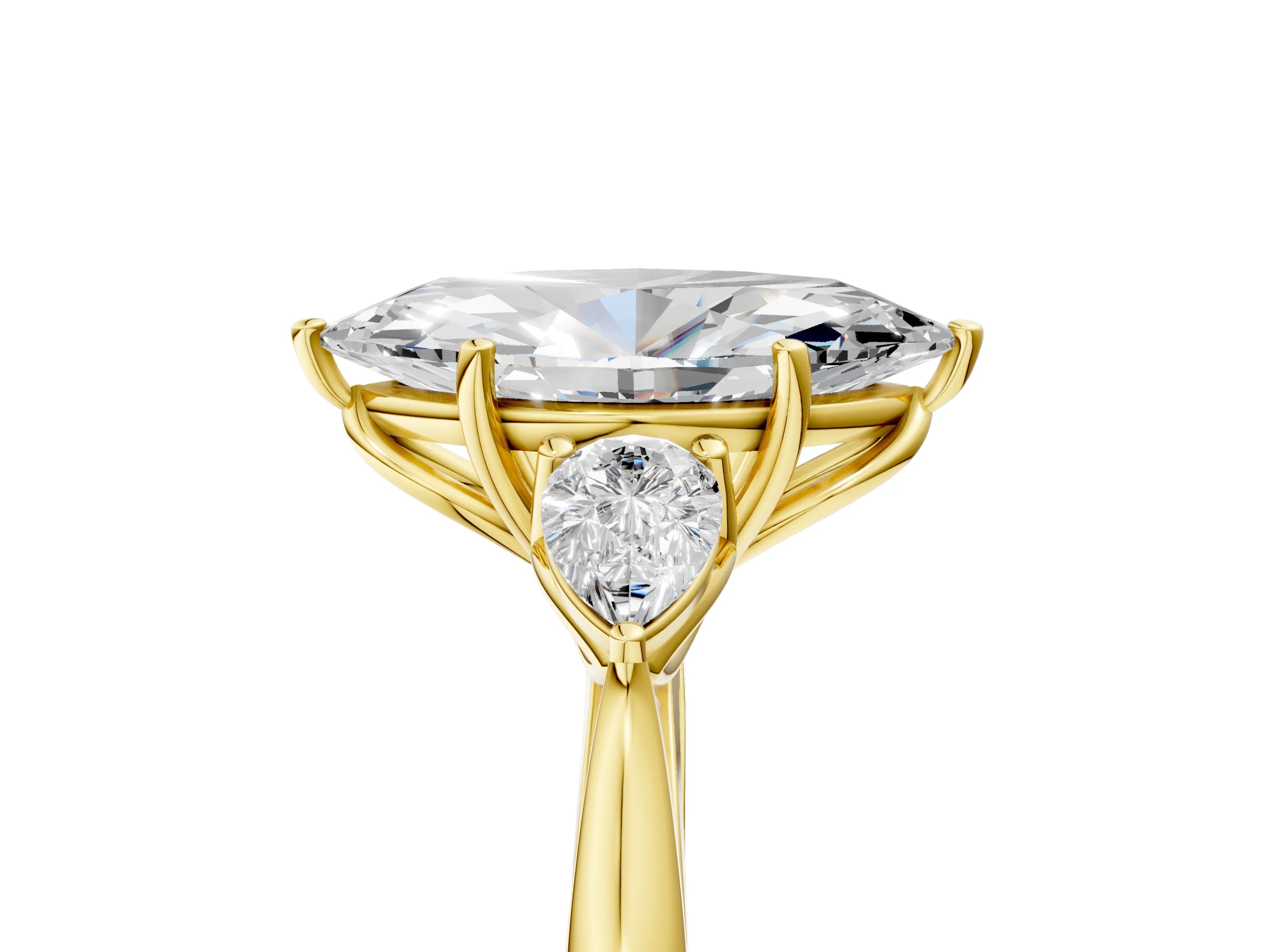 Yellow gold Marquise Cut Diamond Three-Stone Ring with Pear with Moissanite side stone Side Stones and Prong Setting_5