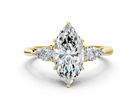 Yellow gold Marquise Cut Diamond Three-Stone Ring with Pear with Moissanite side stone Side Stones and Prong Setting