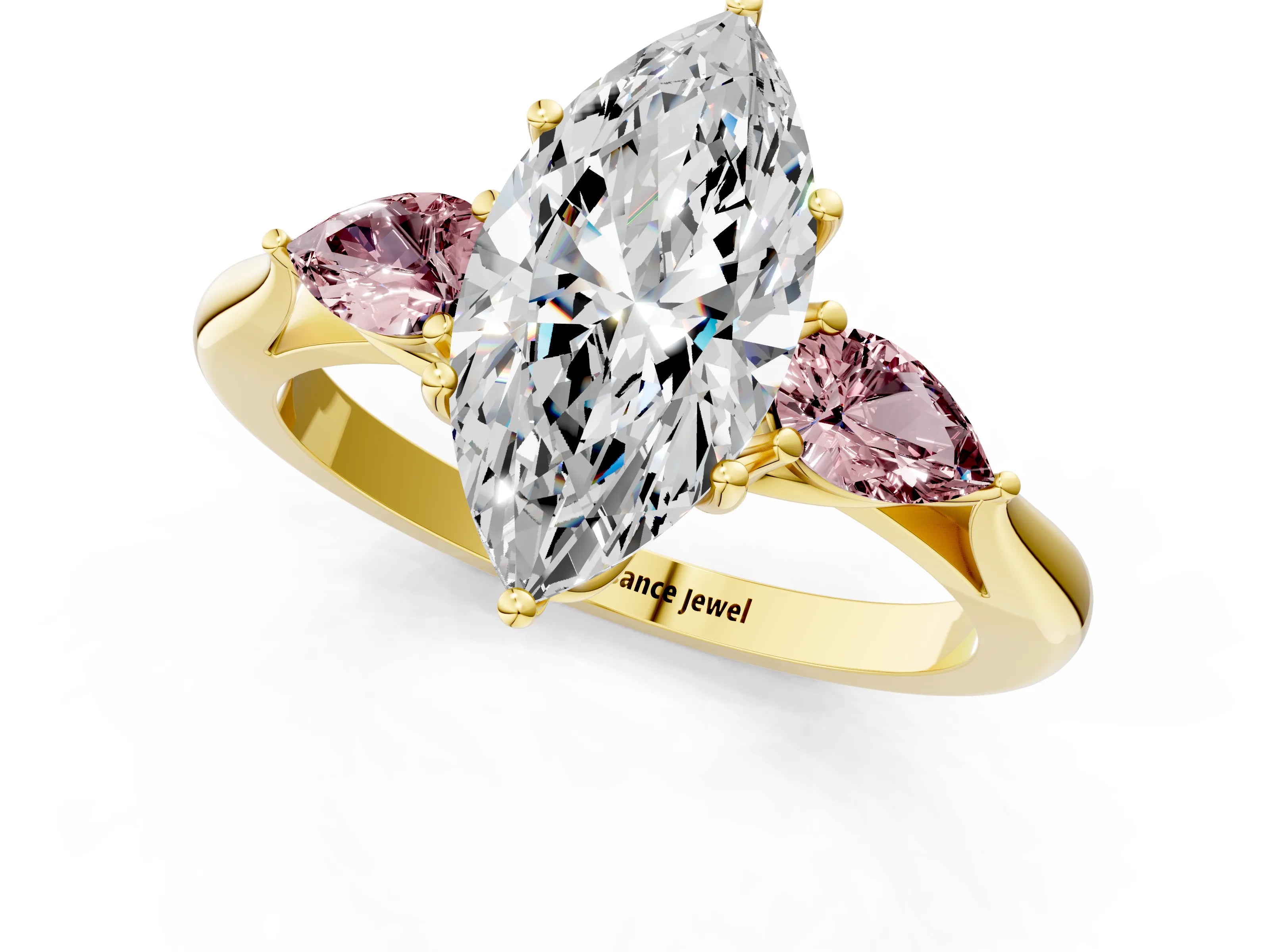Yellow gold Marquise Cut Diamond Three-Stone Ring with Pear with Morganite side stone Side Stones and Prong Setting_1