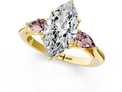 Yellow gold Marquise Cut Diamond Three-Stone Ring with Pear with Morganite side stone Side Stones and Prong Setting_1