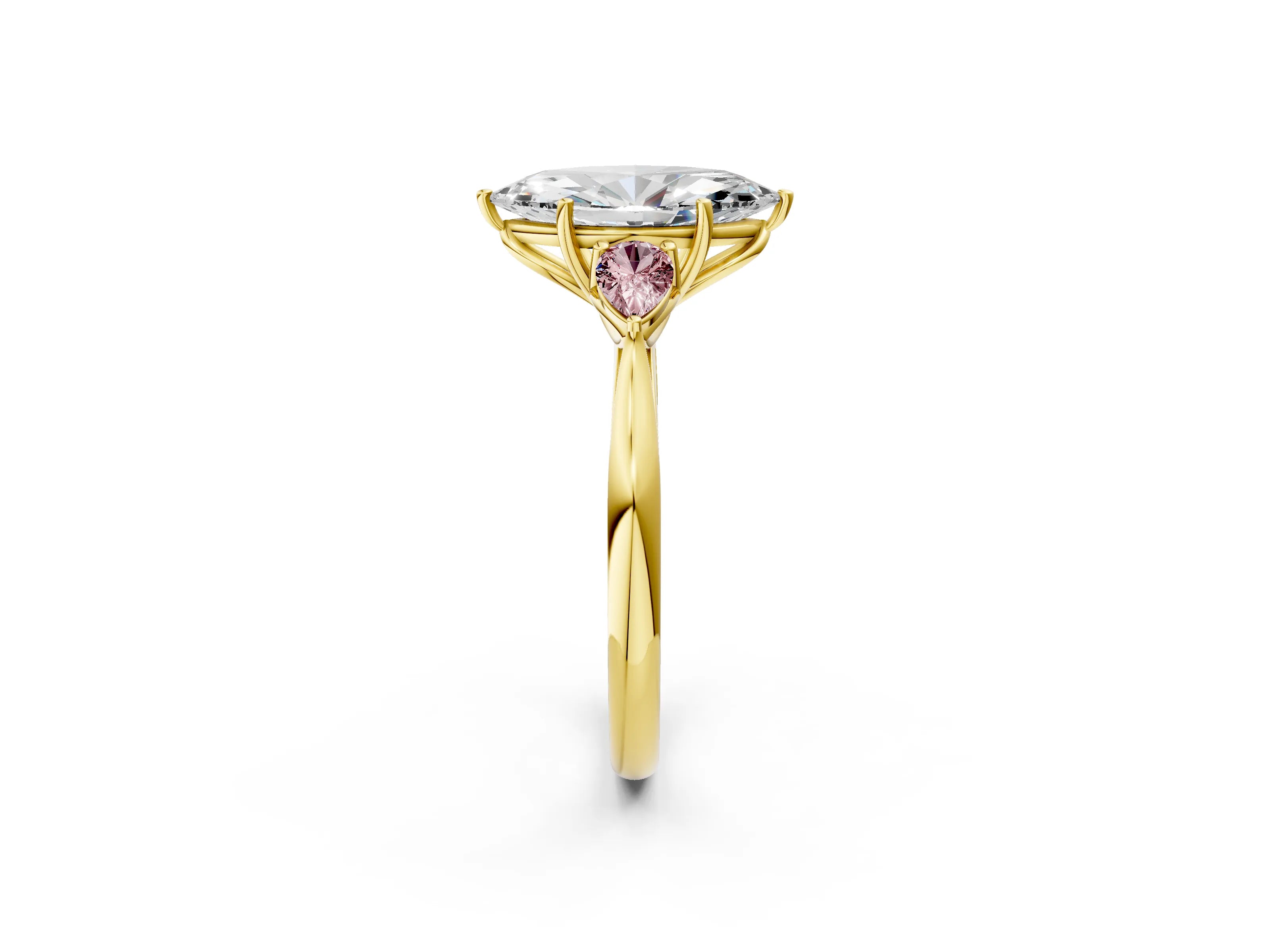 Yellow gold Marquise Cut Diamond Three-Stone Ring with Pear with Morganite side stone Side Stones and Prong Setting_2