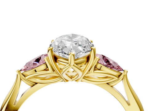 Yellow gold Marquise Cut Diamond Three-Stone Ring with Pear with Morganite side stone Side Stones and Prong Setting_4