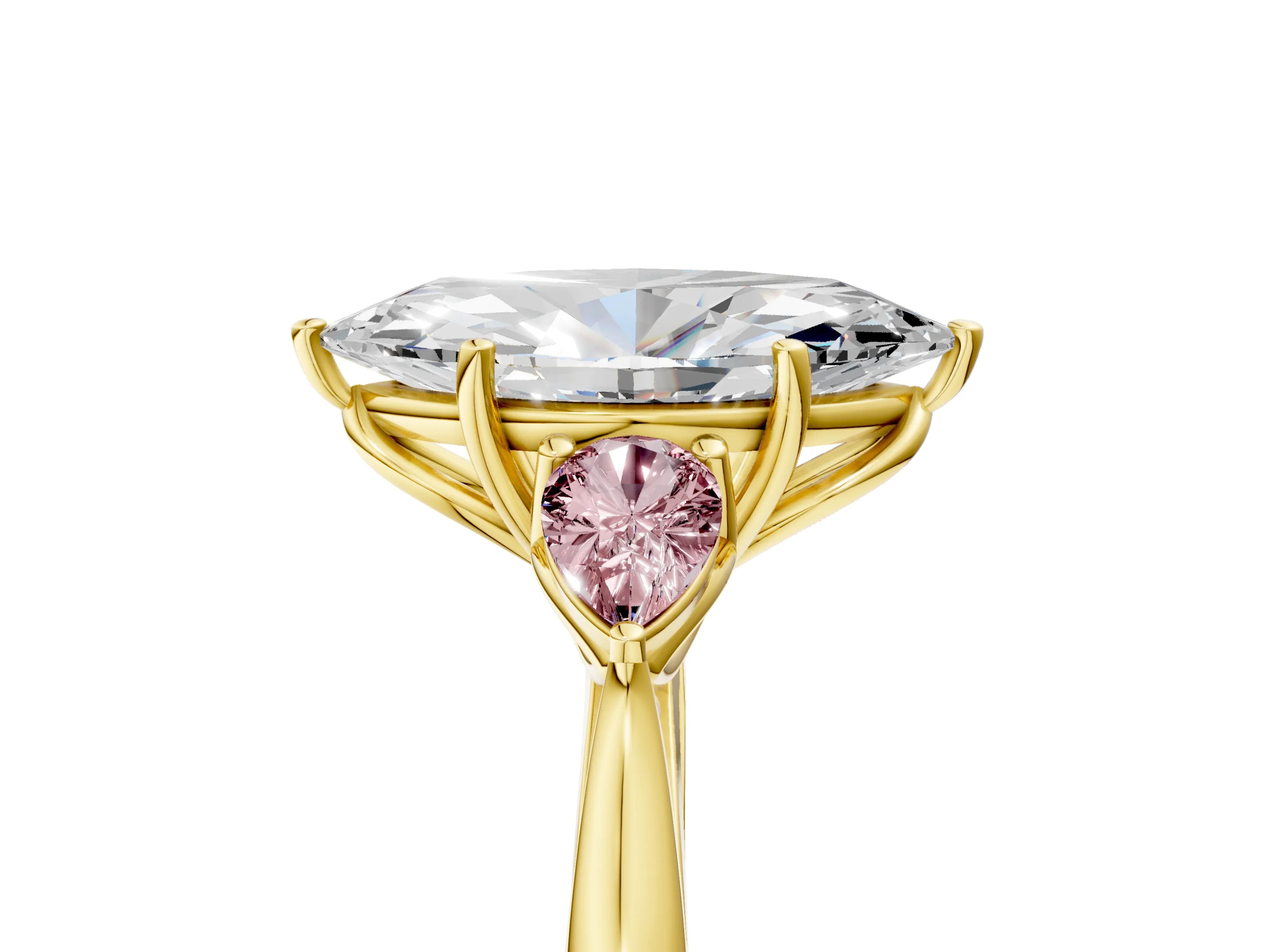 Yellow gold Marquise Cut Diamond Three-Stone Ring with Pear with Morganite side stone Side Stones and Prong Setting_5