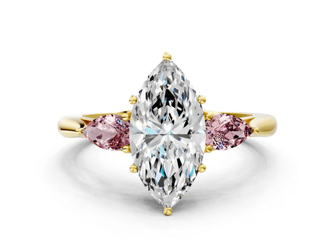 Yellow gold Marquise Cut Diamond Three-Stone Ring with Pear with Morganite side stone Side Stones and Prong Setting