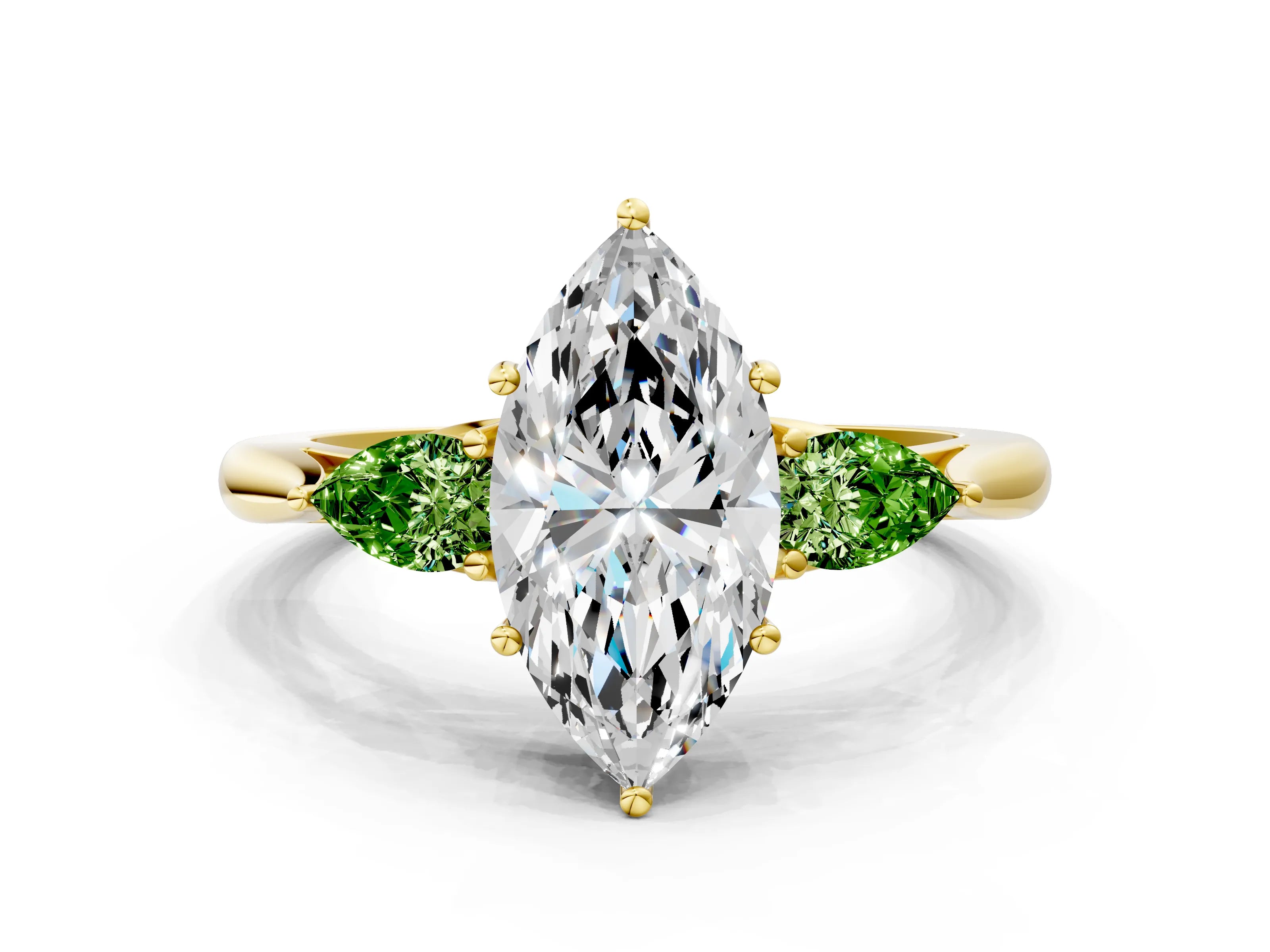 Yellow gold Marquise Cut Diamond Three-Stone Ring with Pear with Peridot side stone Side Stones and Prong Setting