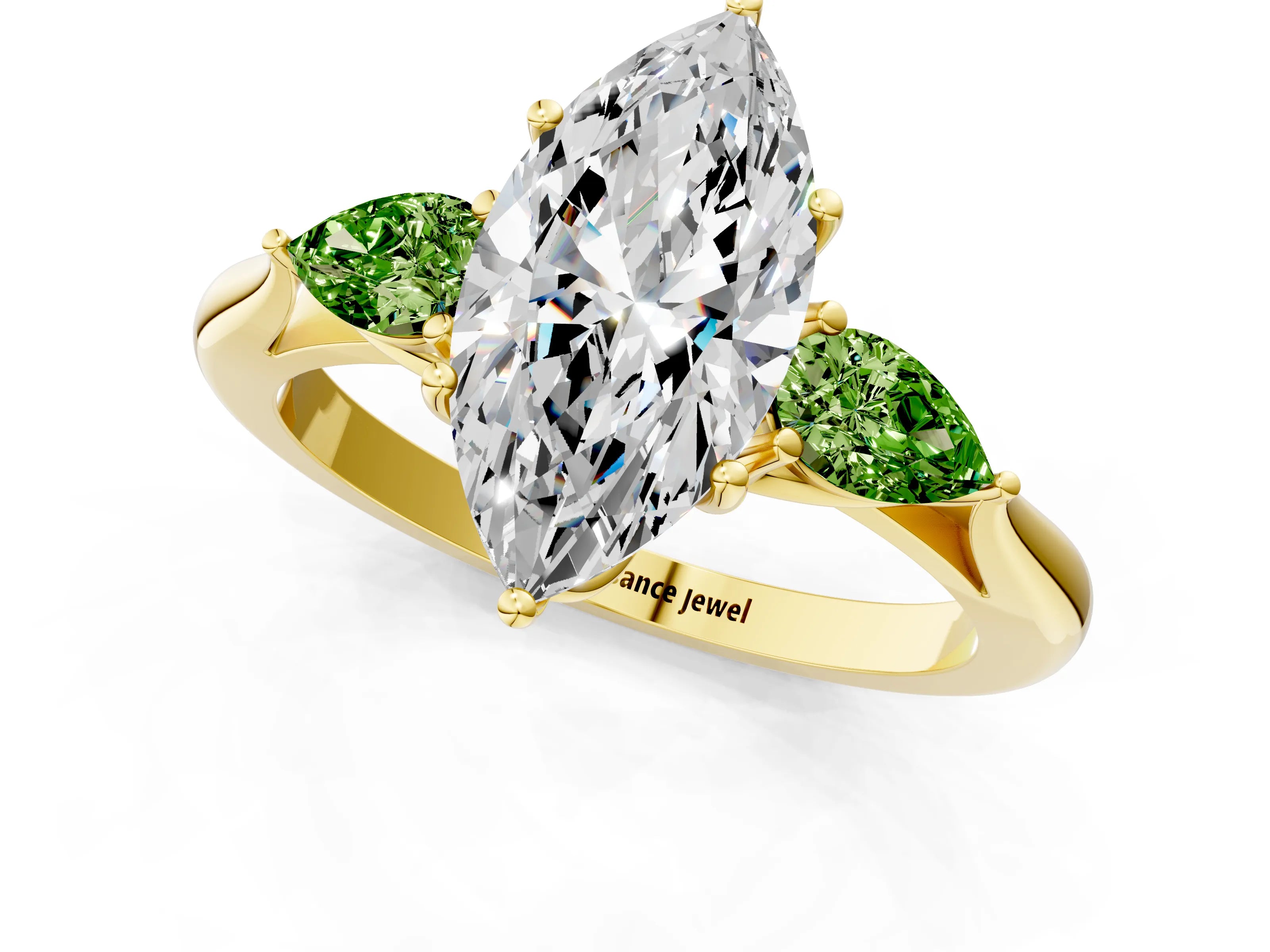Yellow gold Marquise Cut Diamond Three-Stone Ring with Pear with Peridot side stone Side Stones and Prong Setting_1