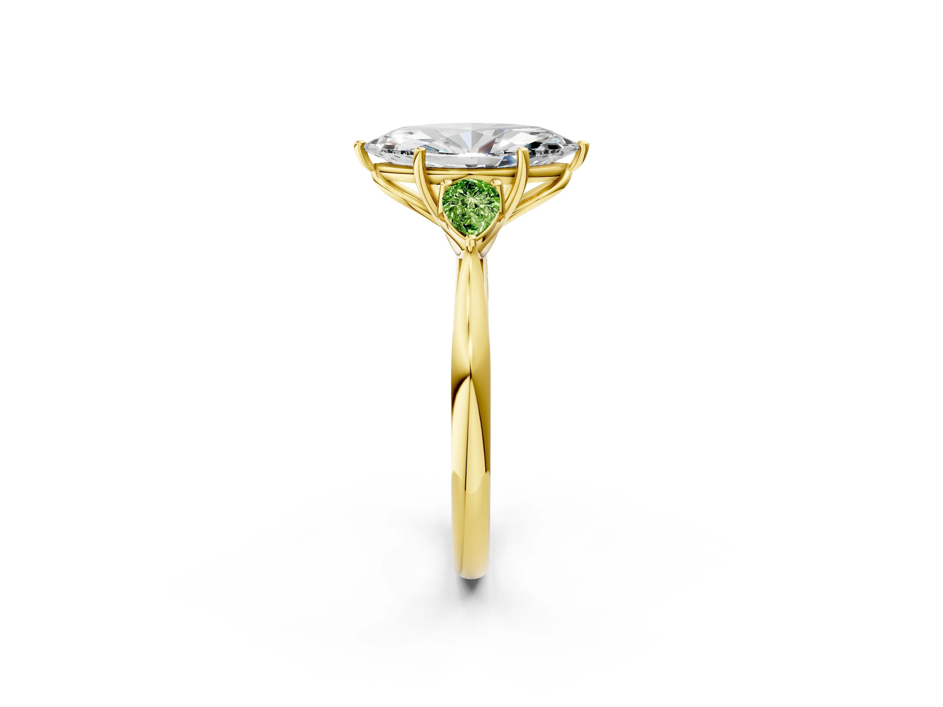 Yellow gold Marquise Cut Diamond Three-Stone Ring with Pear with Peridot side stone Side Stones and Prong Setting_2