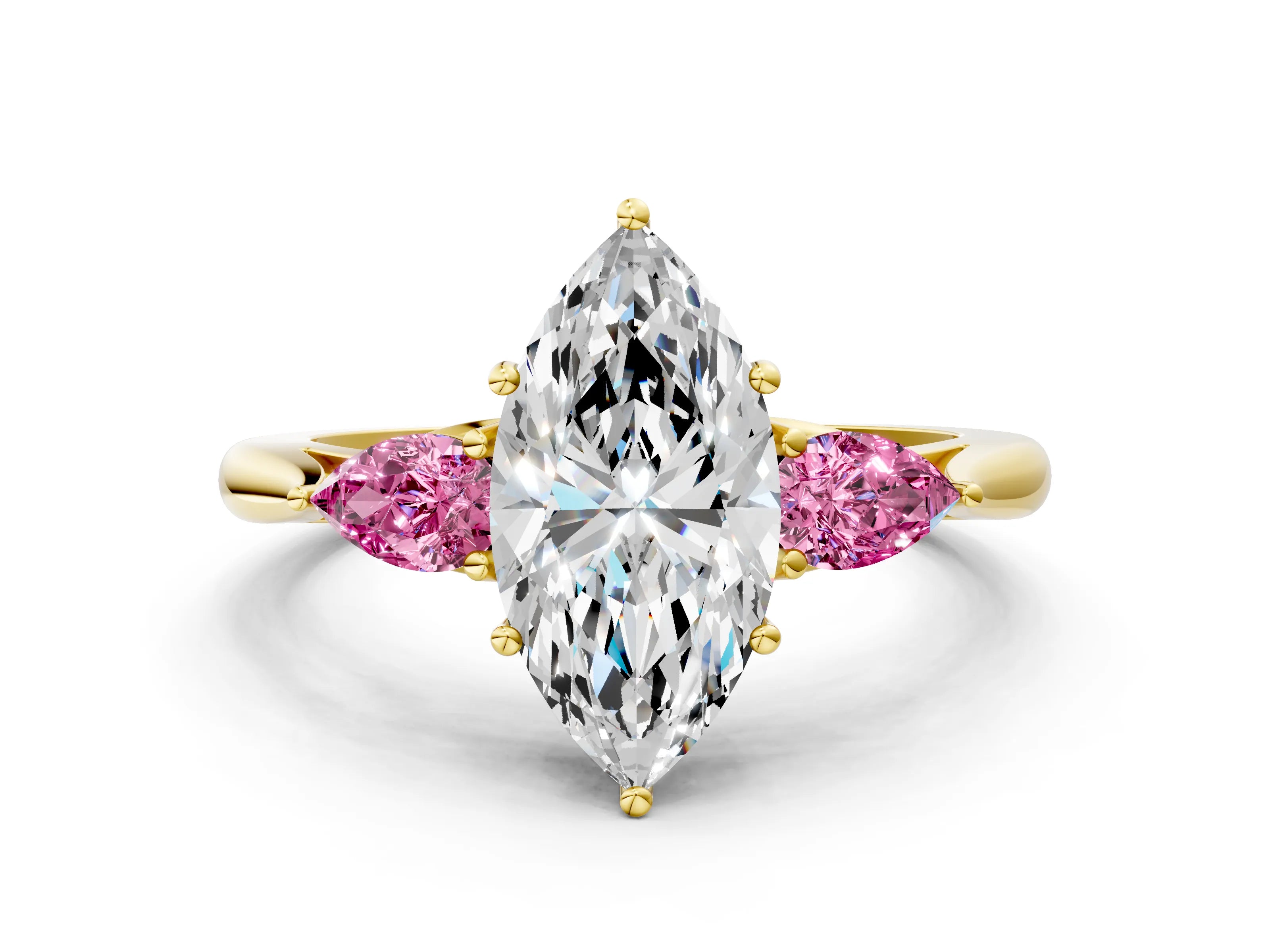 Yellow gold Marquise Cut Diamond Three-Stone Ring with Pear with Pink Sapphire side stone Side Stones and Prong Setting
