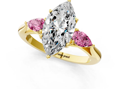 Yellow gold Marquise Cut Diamond Three-Stone Ring with Pear with Pink Sapphire side stone Side Stones and Prong Setting_1