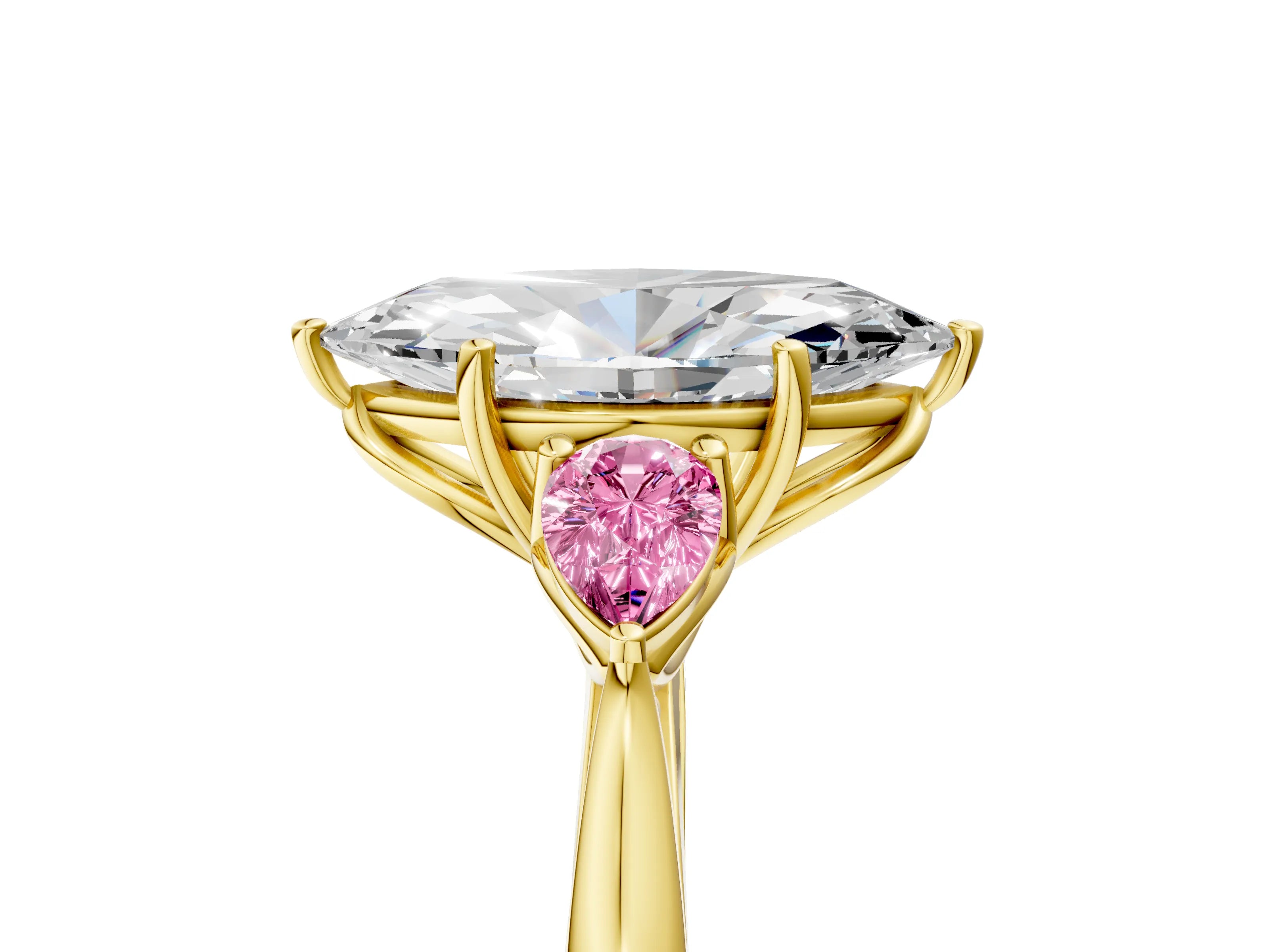 Yellow gold Marquise Cut Diamond Three-Stone Ring with Pear with Pink Sapphire side stone Side Stones and Prong Setting_5