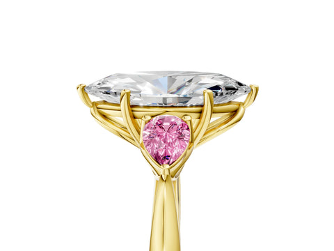 Yellow gold Marquise Cut Diamond Three-Stone Ring with Pear with Pink Sapphire side stone Side Stones and Prong Setting_5