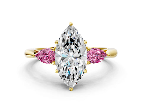 Yellow gold Marquise Cut Diamond Three-Stone Ring with Pear with Pink Sapphire side stone Side Stones and Prong Setting