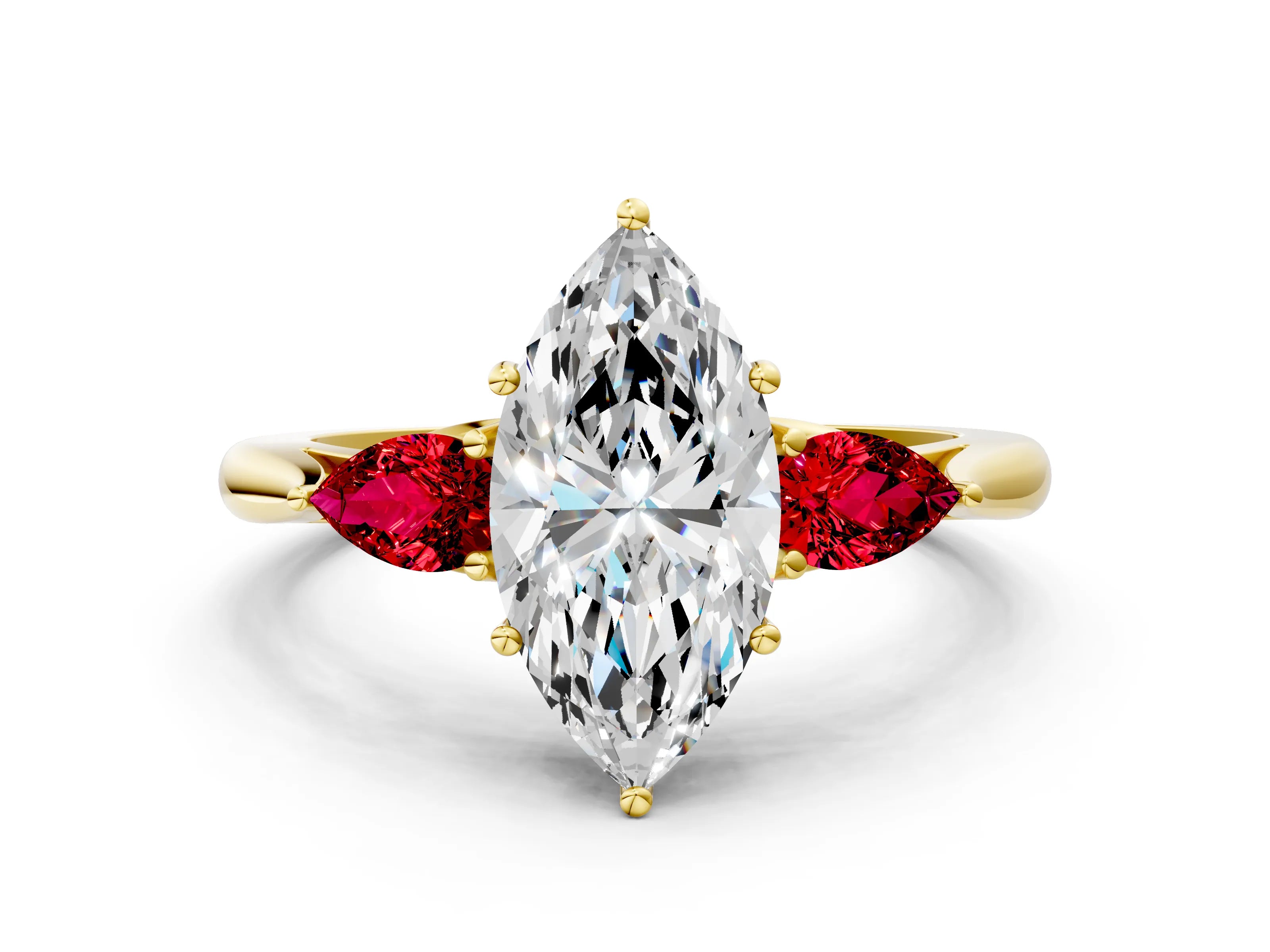 Yellow gold Marquise Cut Diamond Three-Stone Ring with Pear with Ruby side stone Side Stones and Prong Setting