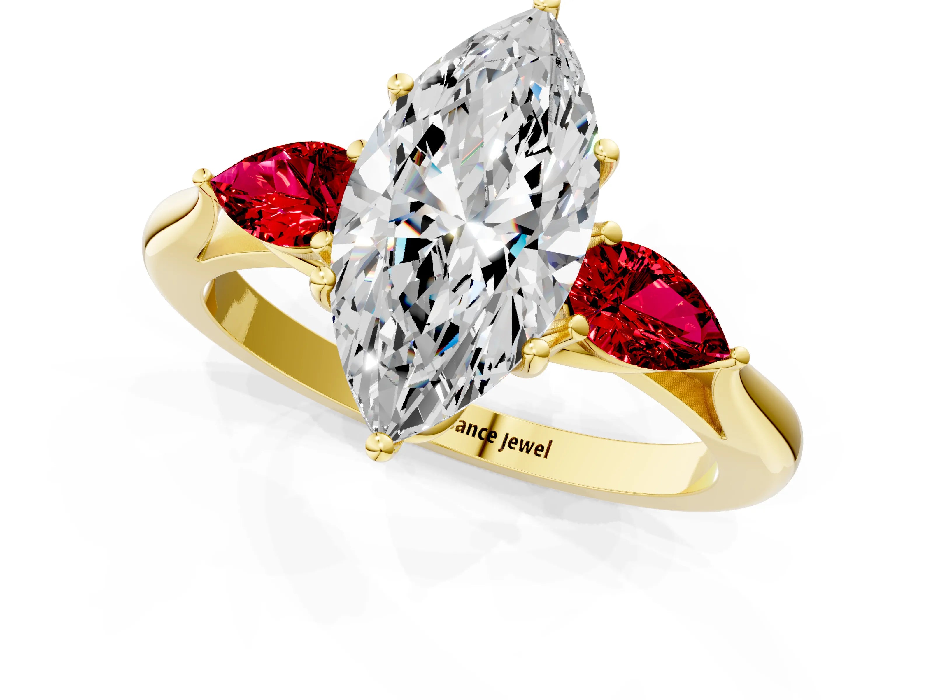 Yellow gold Marquise Cut Diamond Three-Stone Ring with Pear with Ruby side stone Side Stones and Prong Setting_1
