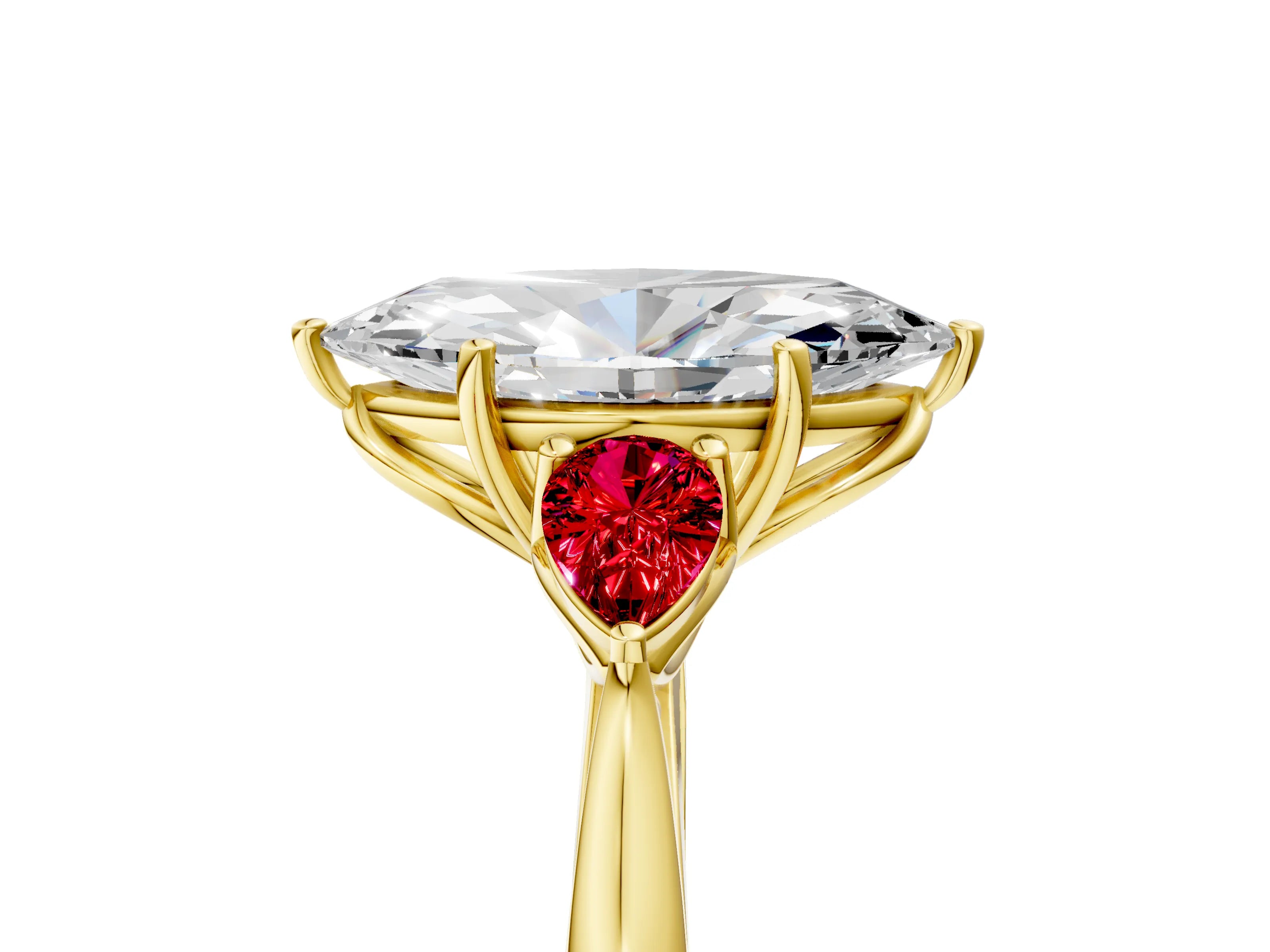 Yellow gold Marquise Cut Diamond Three-Stone Ring with Pear with Ruby side stone Side Stones and Prong Setting_5