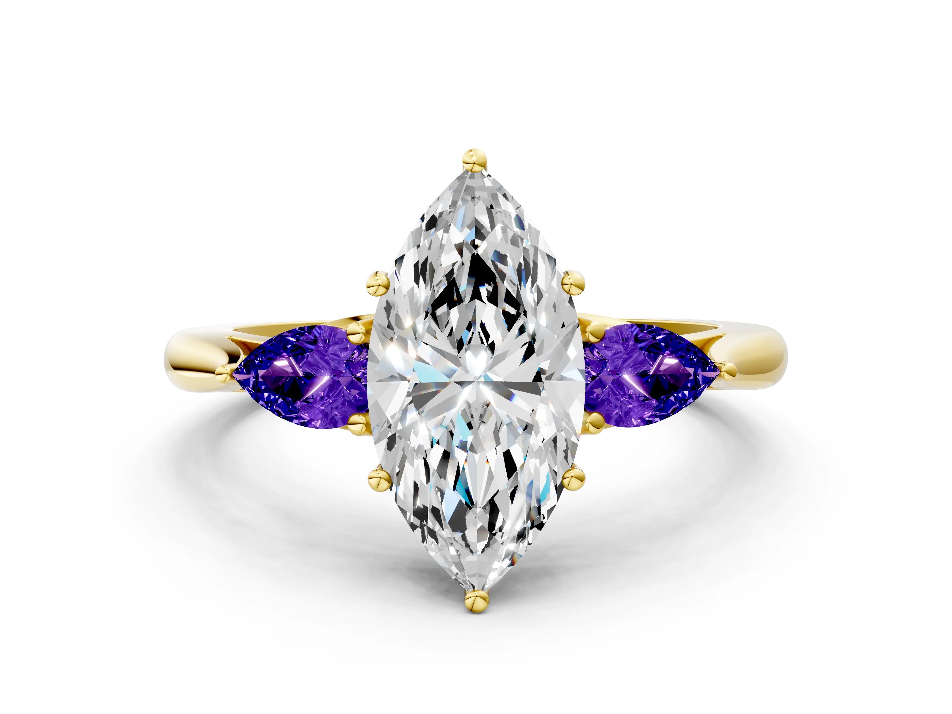 Yellow gold Marquise Cut Diamond Three-Stone Ring with Pear with Tanzanite side stone Side Stones and Prong Setting