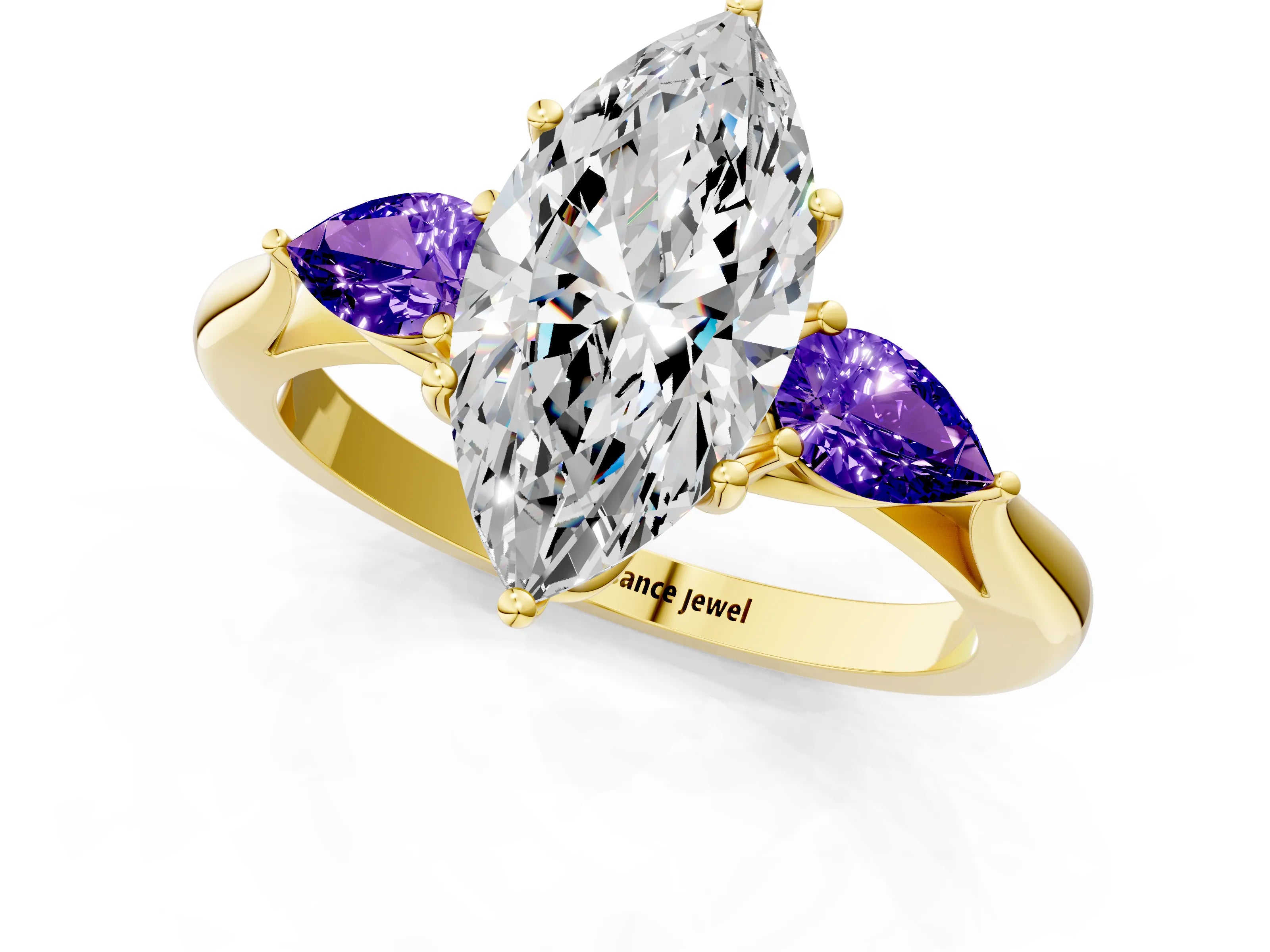 Yellow gold Marquise Cut Diamond Three-Stone Ring with Pear with Tanzanite side stone Side Stones and Prong Setting_1