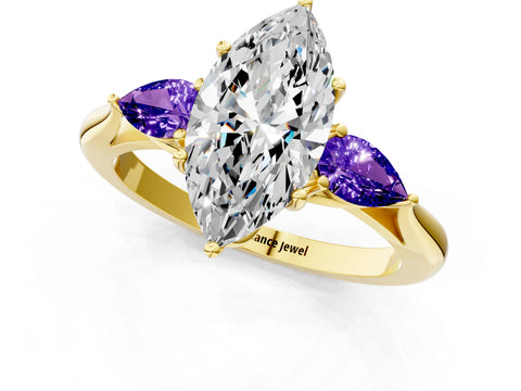 Yellow gold Marquise Cut Diamond Three-Stone Ring with Pear with Tanzanite side stone Side Stones and Prong Setting_1