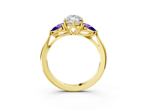 Yellow gold Marquise Cut Diamond Three-Stone Ring with Pear with Tanzanite side stone Side Stones and Prong Setting_3