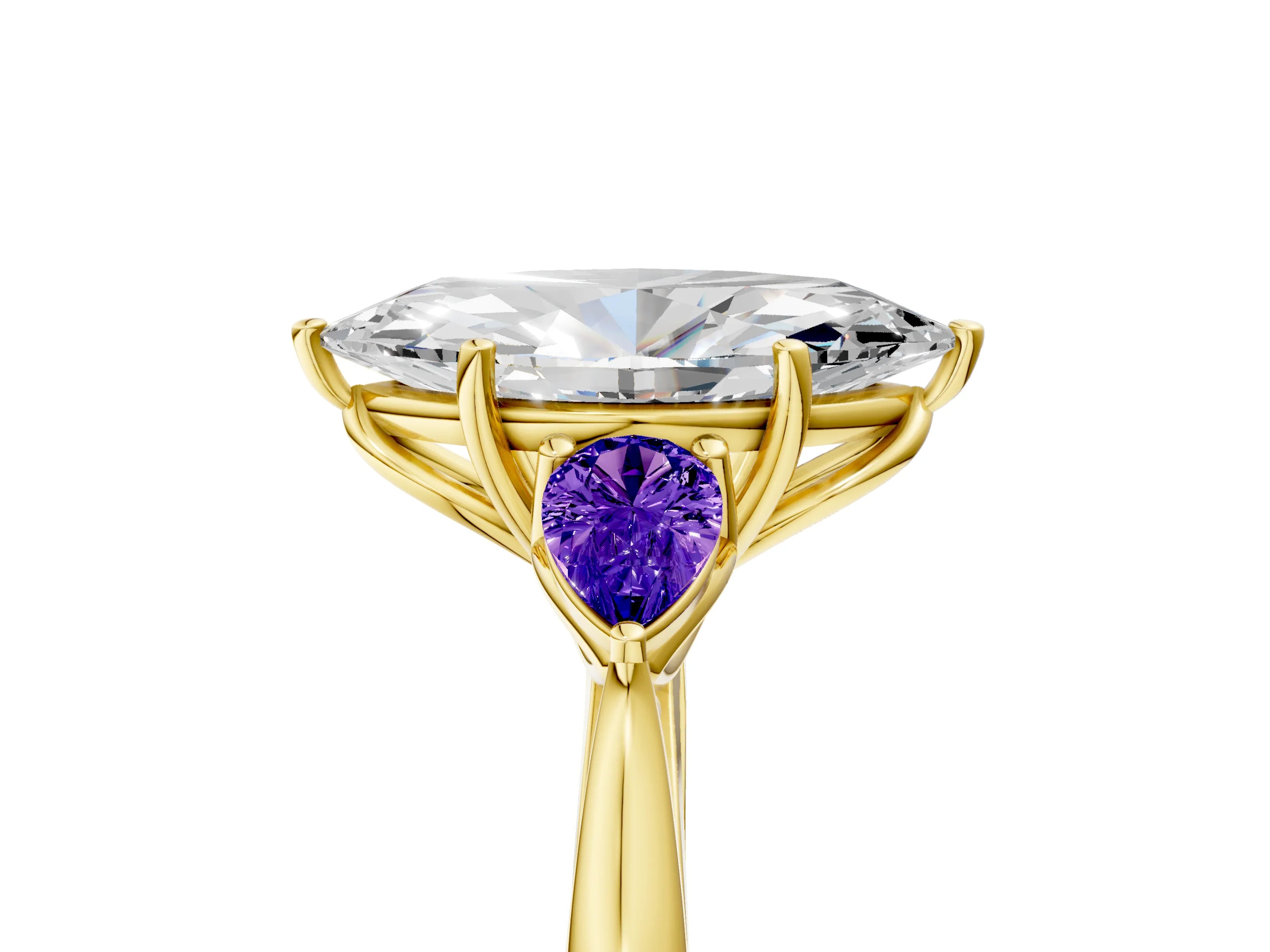 Yellow gold Marquise Cut Diamond Three-Stone Ring with Pear with Tanzanite side stone Side Stones and Prong Setting_5