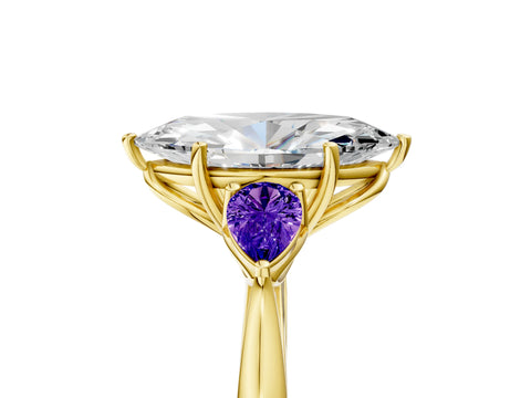 Yellow gold Marquise Cut Diamond Three-Stone Ring with Pear with Tanzanite side stone Side Stones and Prong Setting_5