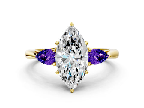 Yellow gold Marquise Cut Diamond Three-Stone Ring with Pear with Tanzanite side stone Side Stones and Prong Setting