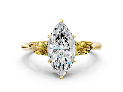 Yellow gold Marquise Cut Diamond Three-Stone Ring with Pear with Yellow Sapphire side stone Side Stones and Prong Setting