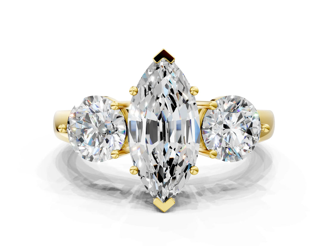 Yellow gold Marquise Cut Diamond Three-Stone Ring with Prong Setting and Classic Band_123