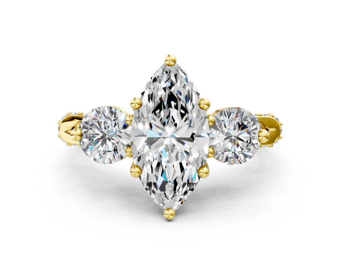 Yellow gold Marquise Cut Diamond Three-Stone Ring with Prong Setting and Pavé Band_3