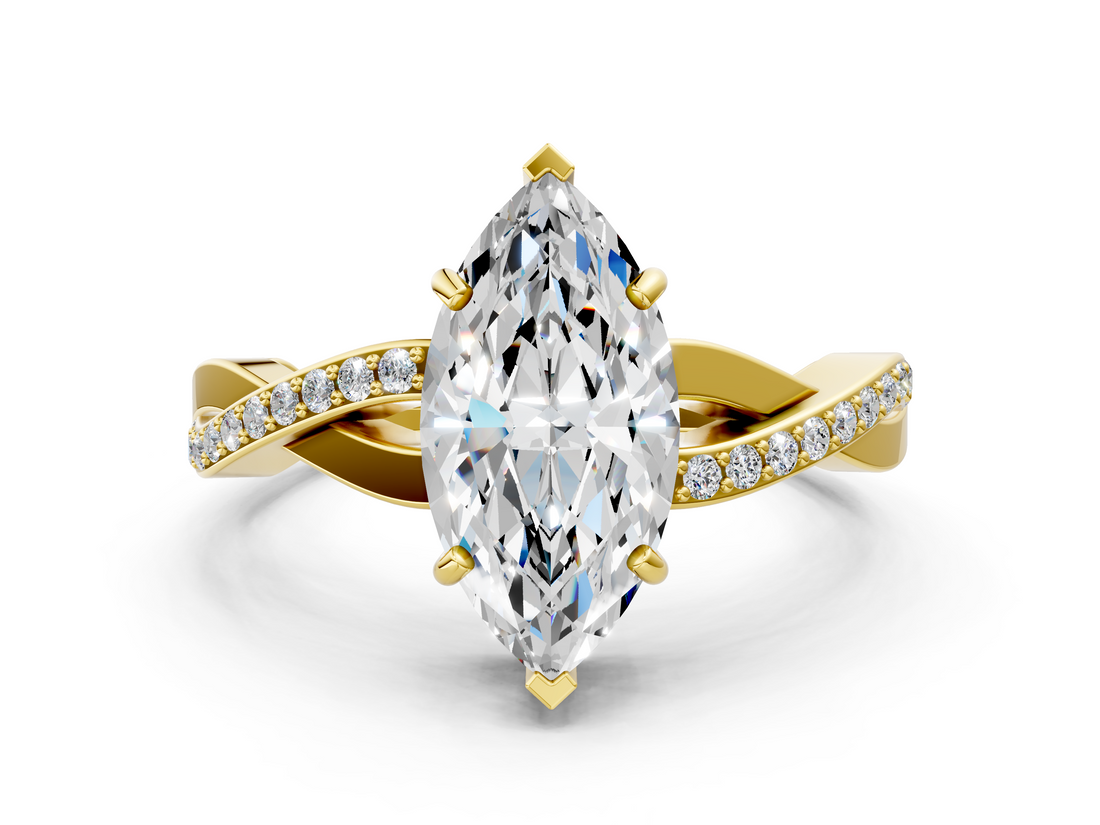 Yellow gold Marquise Cut Diamond Twisted Band Engagement Ring with Prong Setting_15
