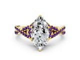 Yellow gold Marquise Cut Diamond with Amethyst side stone Halo Twist Band Solitaire Prong Setting Ring_12