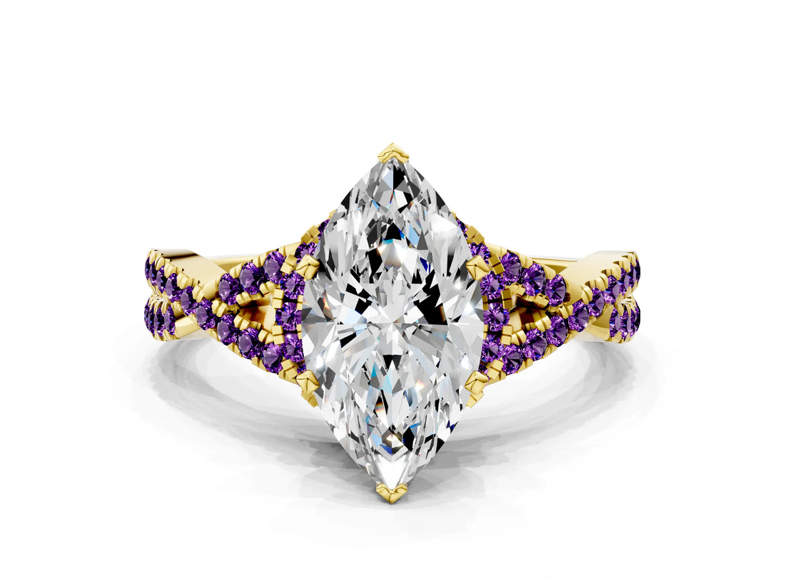 Yellow gold Marquise Cut Diamond with Amethyst side stone Halo Twist Band Solitaire Prong Setting Ring_42