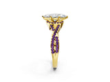 Yellow gold Marquise Cut Diamond with Amethyst side stone Halo Twist Band Solitaire Prong Setting Ring_44