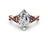 Yellow gold Marquise Cut Diamond with Amethyst side stone Halo Twist Band Solitaire Prong Setting Ring_48