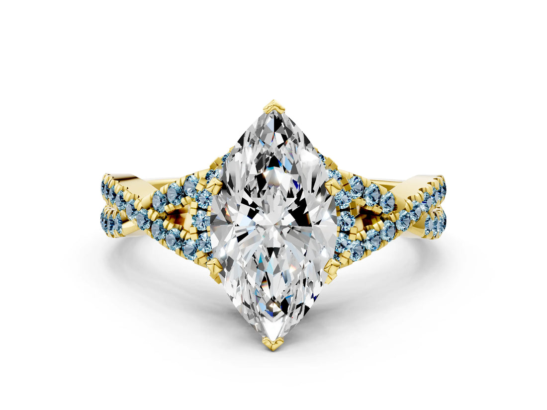 Yellow gold Marquise Cut Diamond with Aquamarine side stone Halo Twist Band Solitaire Prong Setting Ring_24