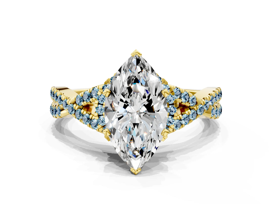 Yellow gold Marquise Cut Diamond with Aquamarine side stone Halo Twist Band Solitaire Prong Setting Ring_36