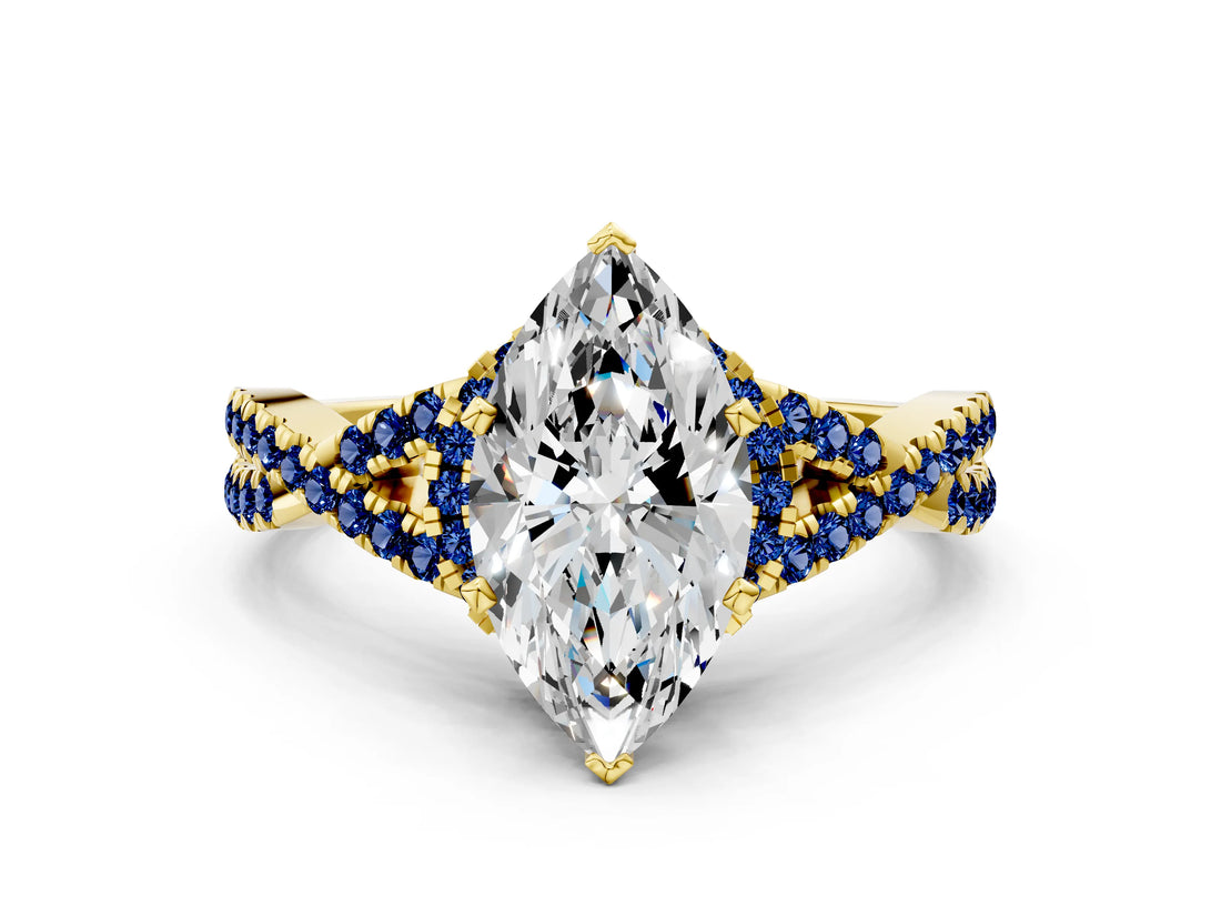 Yellow gold Marquise Cut Diamond with Blue Sapphire side stone Halo Twist Band Solitaire Prong Setting Ring_12
