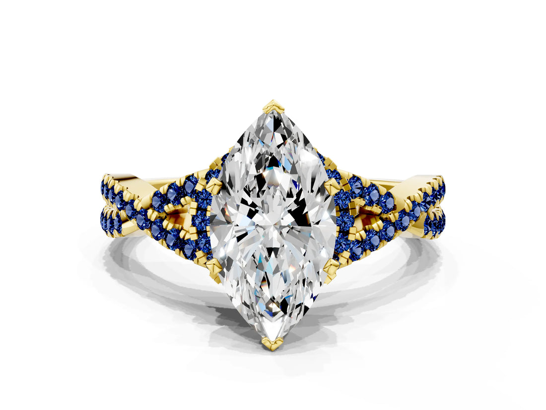 Yellow gold Marquise Cut Diamond with Blue Sapphire side stone Halo Twist Band Solitaire Prong Setting Ring_48