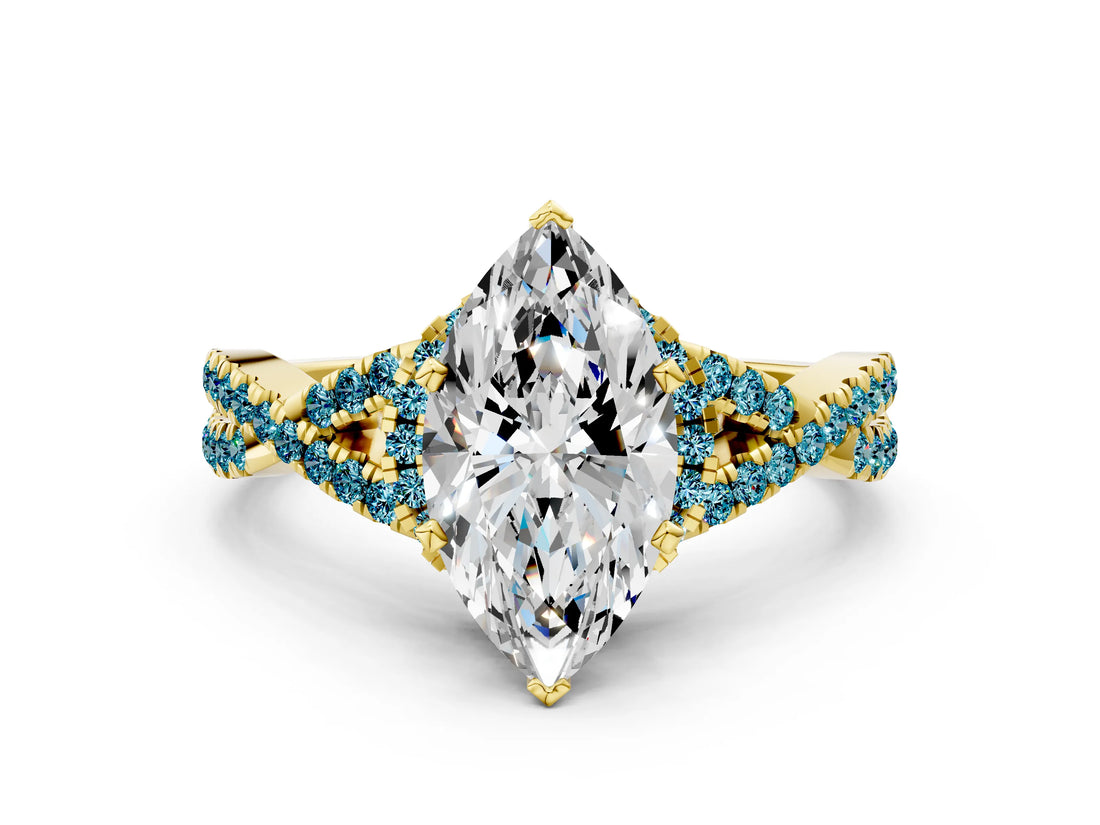 Yellow gold Marquise Cut Diamond with Blue Topaz side stone Halo Twist Band Solitaire Prong Setting Ring_24
