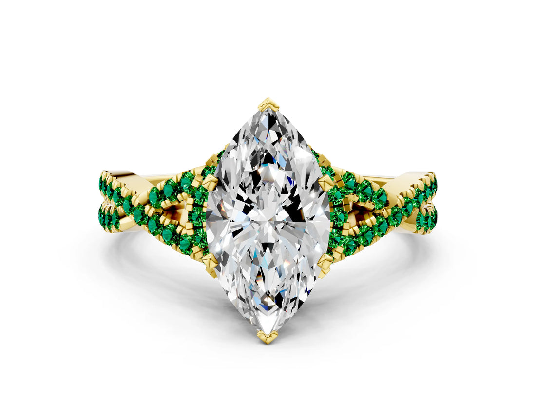 Yellow gold Marquise Cut Diamond with Emerald side stone Halo Twist Band Solitaire Prong Setting Ring_30