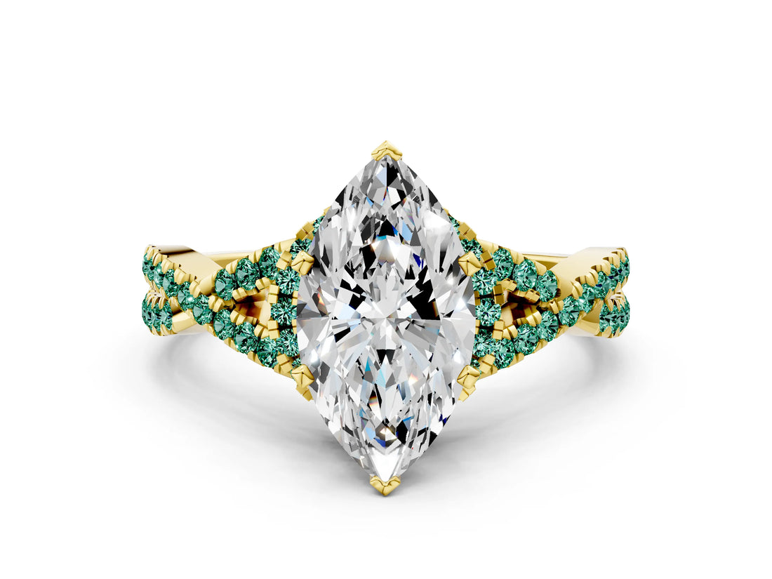 Yellow gold Marquise Cut Diamond with Green Sapphire side stone Halo Twist Band Solitaire Prong Setting Ring_30