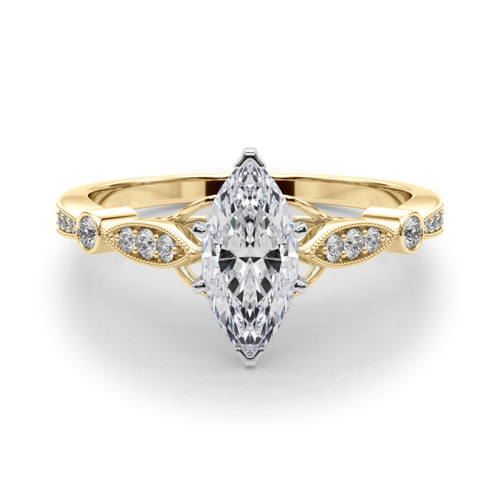 Yellow gold Marquise Cut Diamond with Milgrain Marquise and Bezel Accents on a Solitaire Band with Prong Setting 1