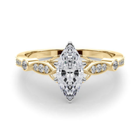 Yellow gold Marquise Cut Diamond with Milgrain Marquise and Bezel Accents on a Solitaire Band with Prong Setting 1